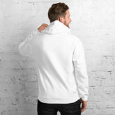 Unisex hoodie, white, back view with drawstring hood and kangaroo pocket.