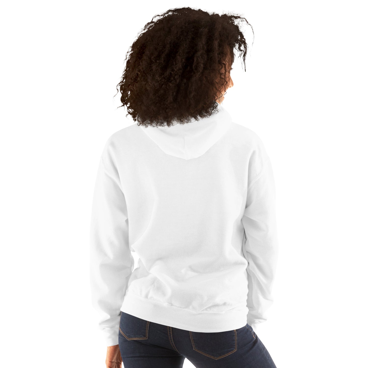 Unisex Hoodie, weiß, Rückansicht mit Kapuze