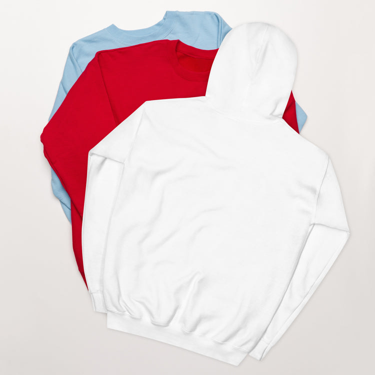 White hoodie with hood up and front pouch pocket