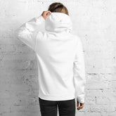 White unisex hoodie, back view, with drawstring hood and kangaroo pocket
