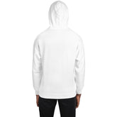 White unisex pullover hoodie back view with hood and full length sleeves