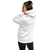 White unisex hoodie with hood, back view