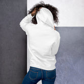 White unisex hoodie back view with hood and kangaroo pocket