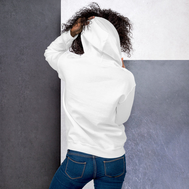 White unisex hoodie back view with hood and kangaroo pocket
