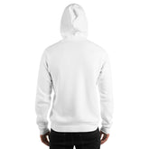 Unisex white hoodie, back view with hood and plain back.