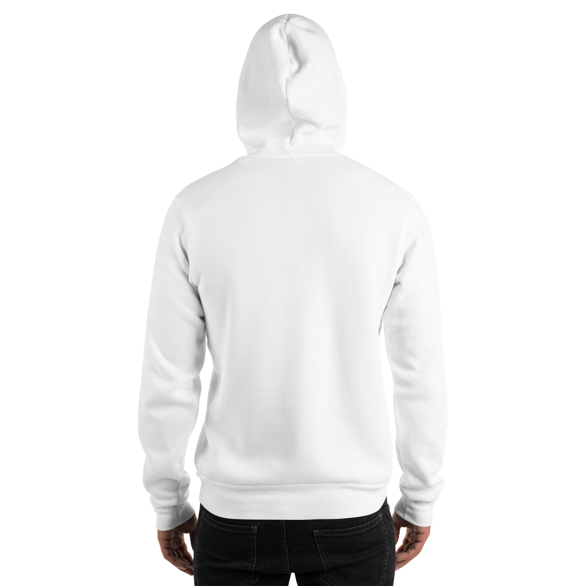 Unisex white hoodie, back view with hood and plain back.