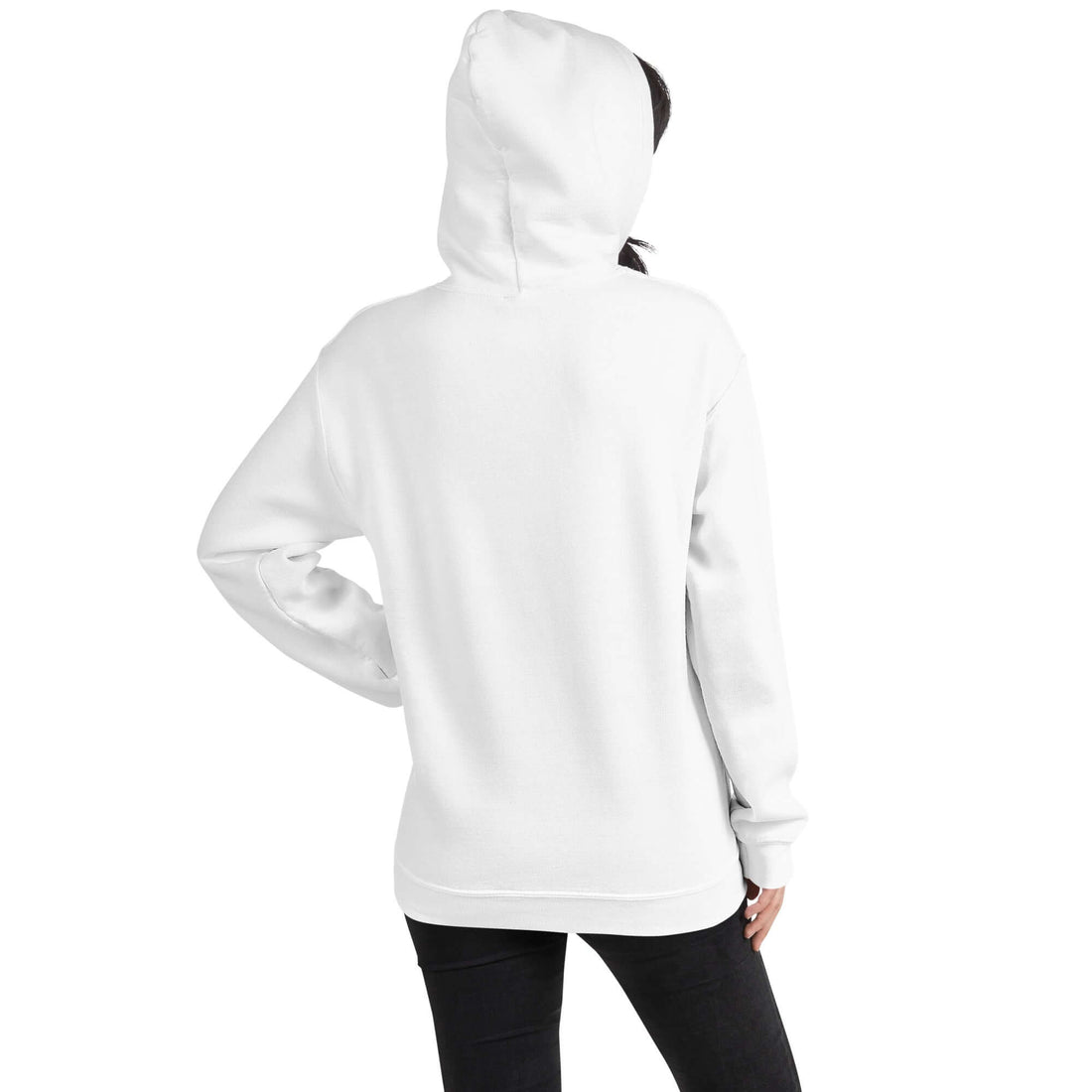 White pullover hoodie back view with hood and long sleeves