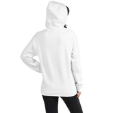 White pullover hoodie back view with hood and long sleeves