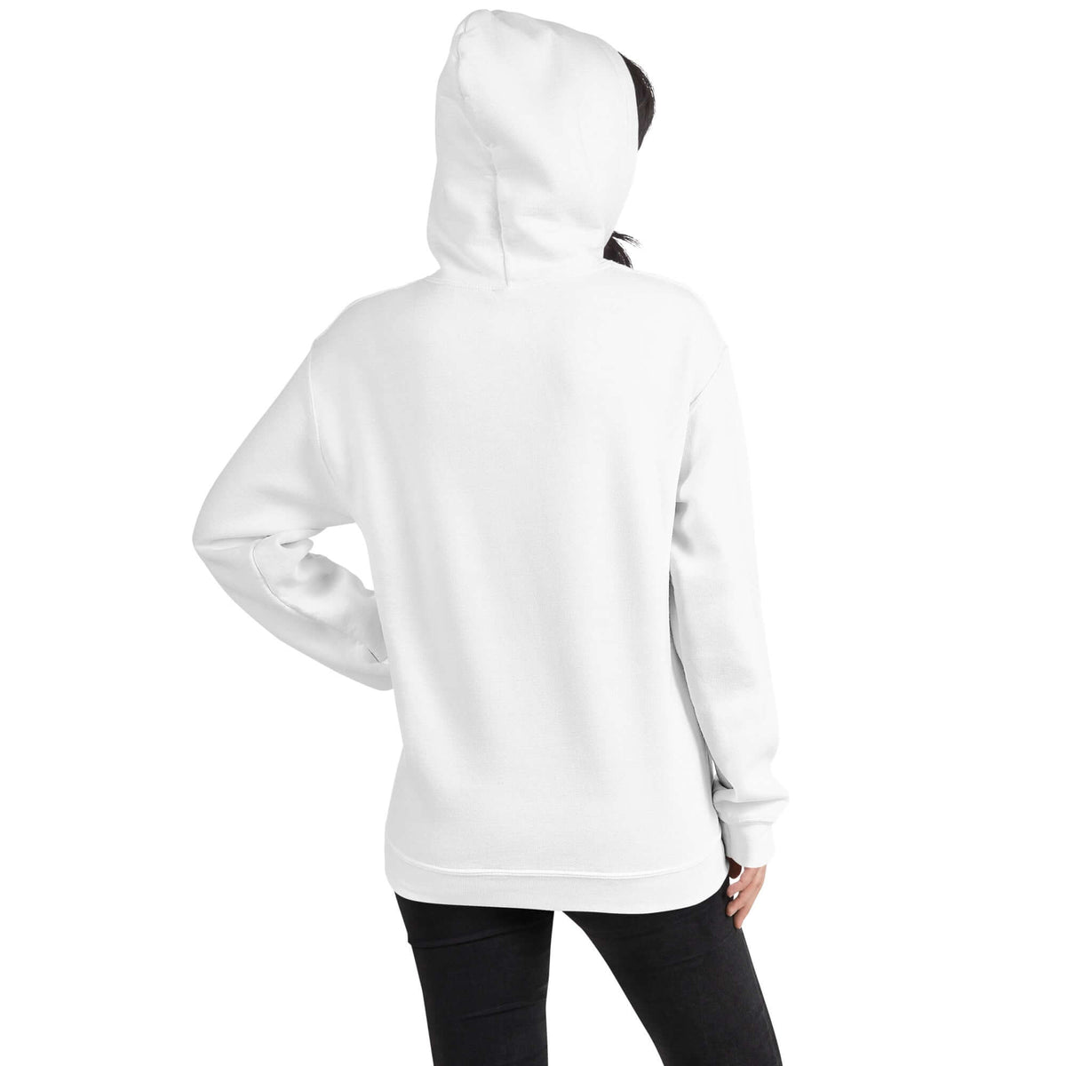 White pullover hoodie back view with hood and long sleeves
