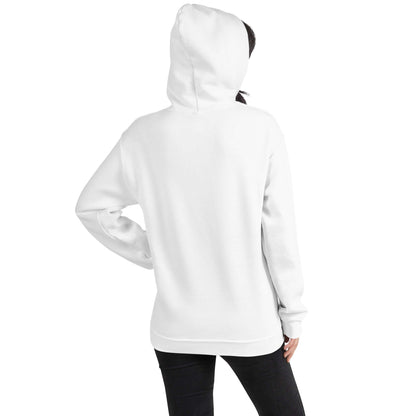 White pullover hoodie back view with hood and long sleeves