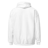 White unisex pullover hoodie from back view with hood and loose fit