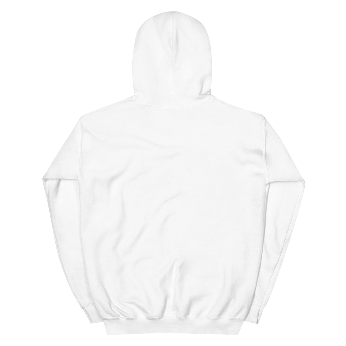 White pullover hoodie back view with adjustable hood, long sleeves, and kangaroo pocket.