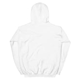 Unisex white pullover hoodie, rear view with hood and ribbed cuffs