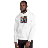 Unisex white pullover hoodie with colorful front graphic and hood