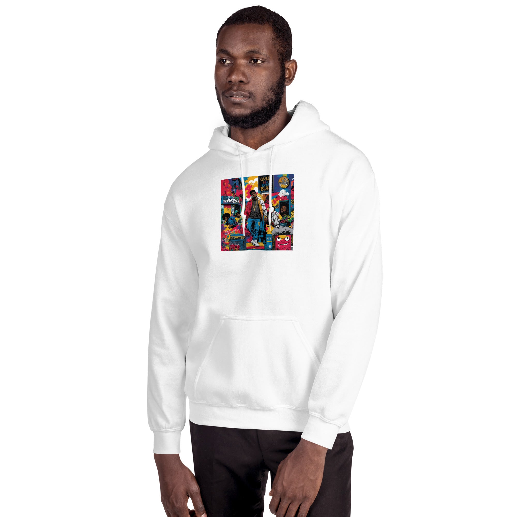 White unisex pullover hoodie with colorful square chest graphic and hood