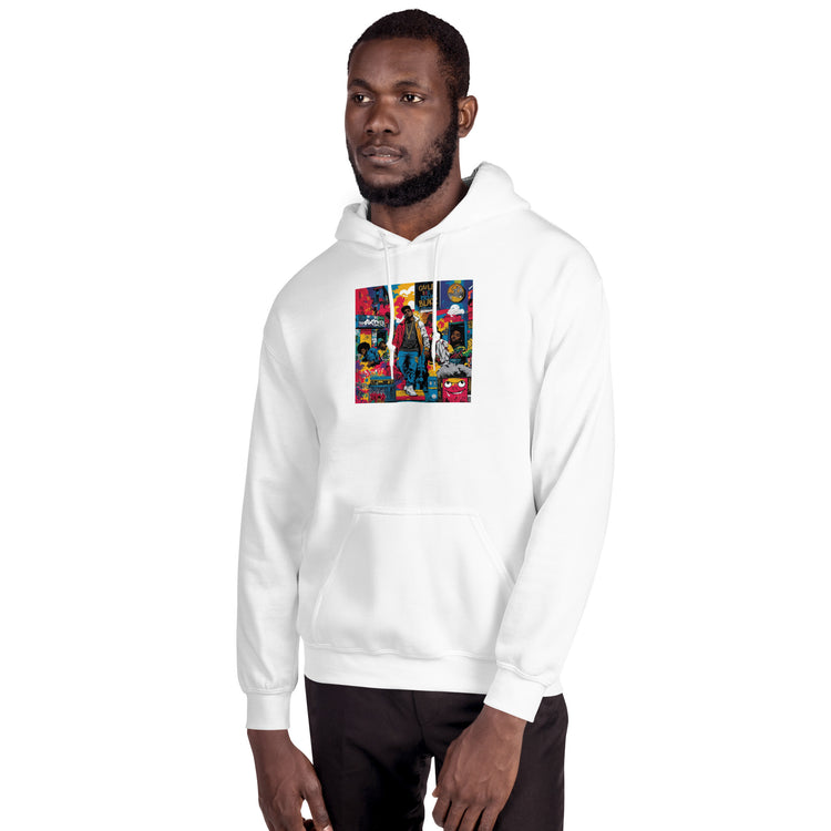 Unisex white pullover hoodie with colorful front graphic and hood