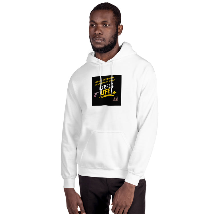 White unisex hoodie with hood and chest graphic, worn with long sleeves
