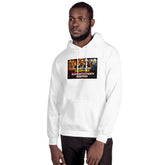 White unisex pullover hoodie with colorful chest graphic and hood