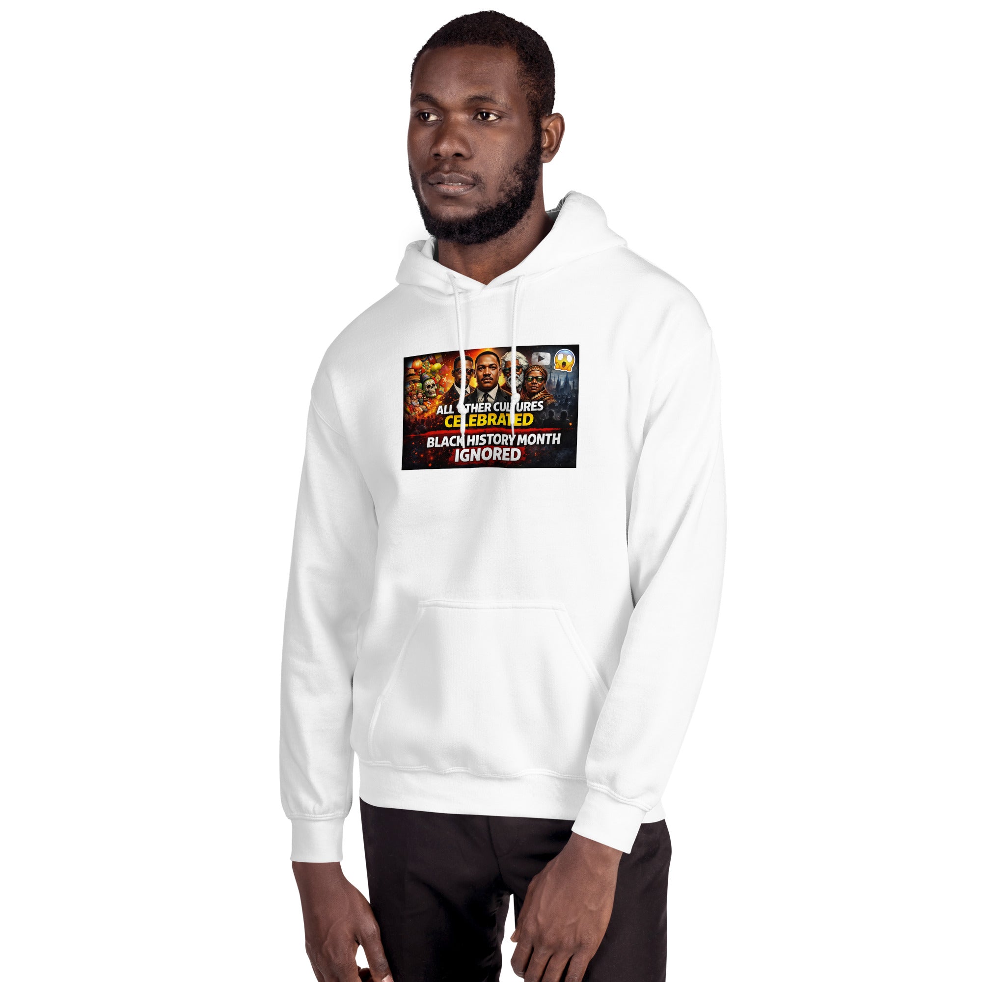 White unisex hoodie with colorful chest graphic, front view with hood and pouch pocket