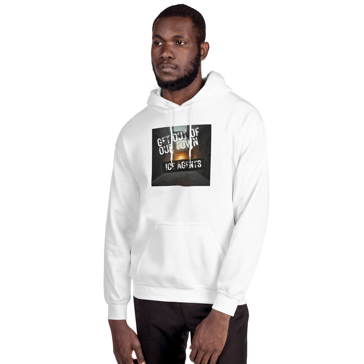 White hoodie with square front graphic print and drawstring hood