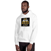 White unisex pullover hoodie with front graphic print and hooded kangaroo pocket