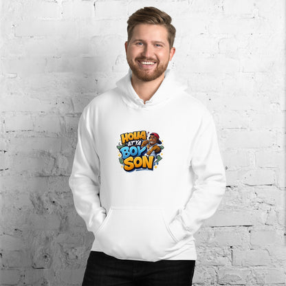 White unisex hoodie with front graphic and kangaroo pocket