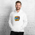 White unisex hoodie with colorful front logo graphic and kangaroo pocket