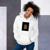 Unisex white hoodie with kangaroo pocket, pullover hood, front graphic patch