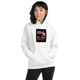 Unisex white hoodie with hood, kangaroo pocket, and square chest graphic print
