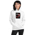 Unisex white hoodie with hood, kangaroo pocket, and square chest graphic print