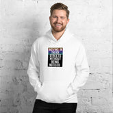 Unisex hoodie, white, front graphic print and drawstring hood with kangaroo pocket.