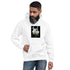 White unisex hoodie with front graphic, front pouch pocket, drawstring hood