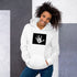 White unisex hoodie with hood and front pouch pocket, black logo graphic