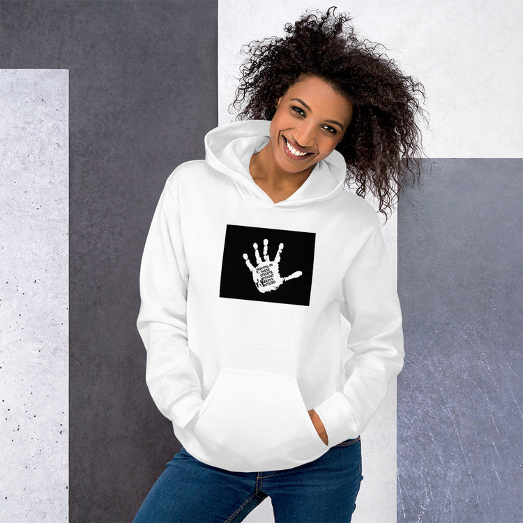White unisex hoodie with hood and front pouch pocket, black logo graphic