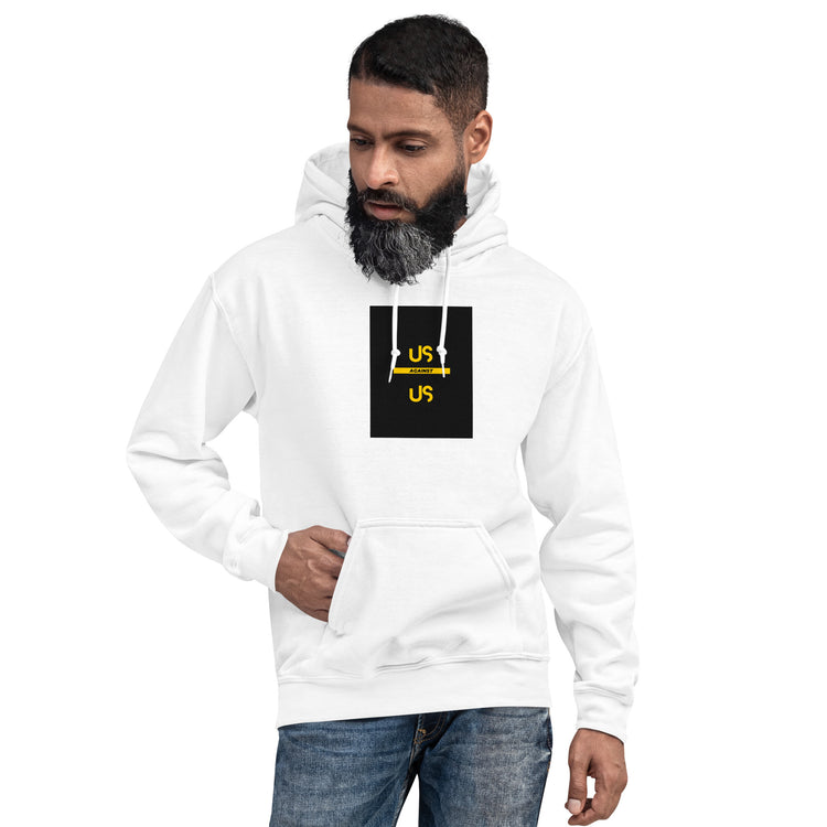 Unisex hoodie in white with hood and front pocket, front view with black graphic