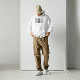 Unisex hoodie in white, front graphic print and kangaroo pocket, adjustable hood.