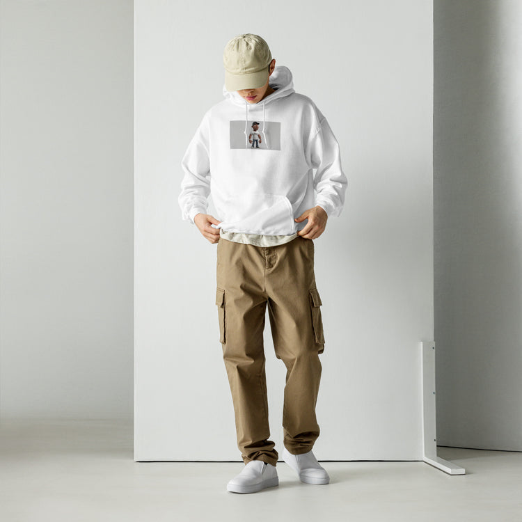 Unisex hoodie in white, front graphic print and kangaroo pocket, adjustable hood.