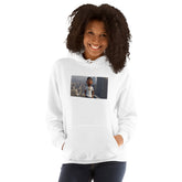 White unisex hoodie with chest photo graphic and front kangaroo pocket