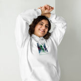 White unisex hoodie with front pouch pocket, drawstring hood, and chest graphic