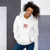 White unisex hoodie with front pocket and small chest heart graphic