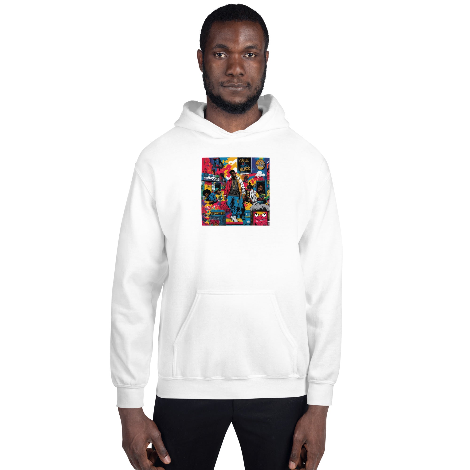 White hoodie front view with hood, kangaroo pocket, and colorful square print