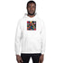 Unisex white hoodie with colorful front graphic, hood and kangaroo pocket