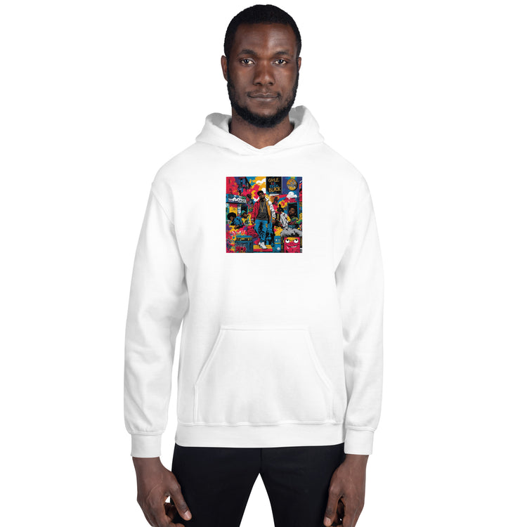 Unisex white hoodie with colorful front graphic, hood and kangaroo pocket