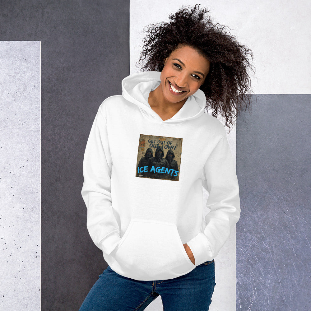 White unisex hoodie, front graphic "ICE AGENTS" text, kangaroo pocket