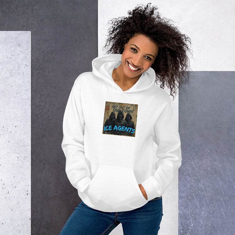 White unisex hoodie, front graphic "ICE AGENTS" text, kangaroo pocket