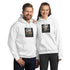 Unisex hoodie, white with front square graphic print and kangaroo pocket