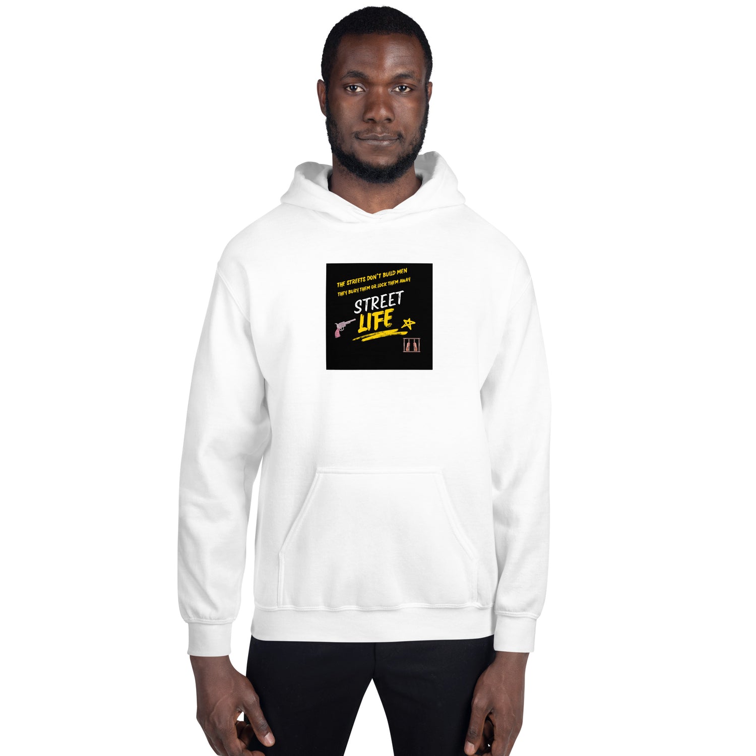 White hoodie front view, hood and large front kangaroo pocket with graphic