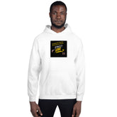 White unisex hoodie with hood and centered chest graphic, kangaroo pocket