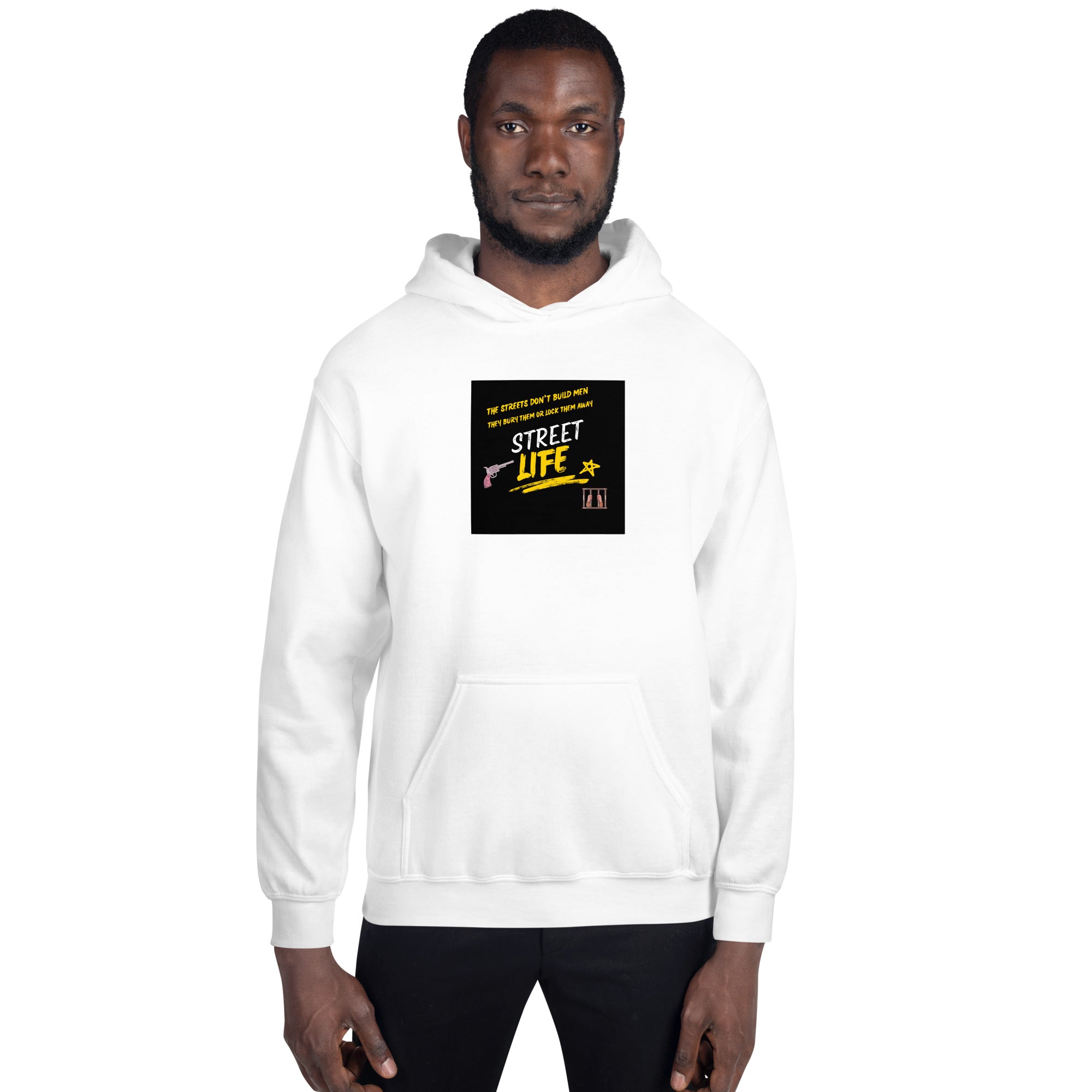 White hoodie front view, hood and large front kangaroo pocket with graphic