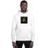 White unisex hoodie with hood and centered chest graphic, kangaroo pocket